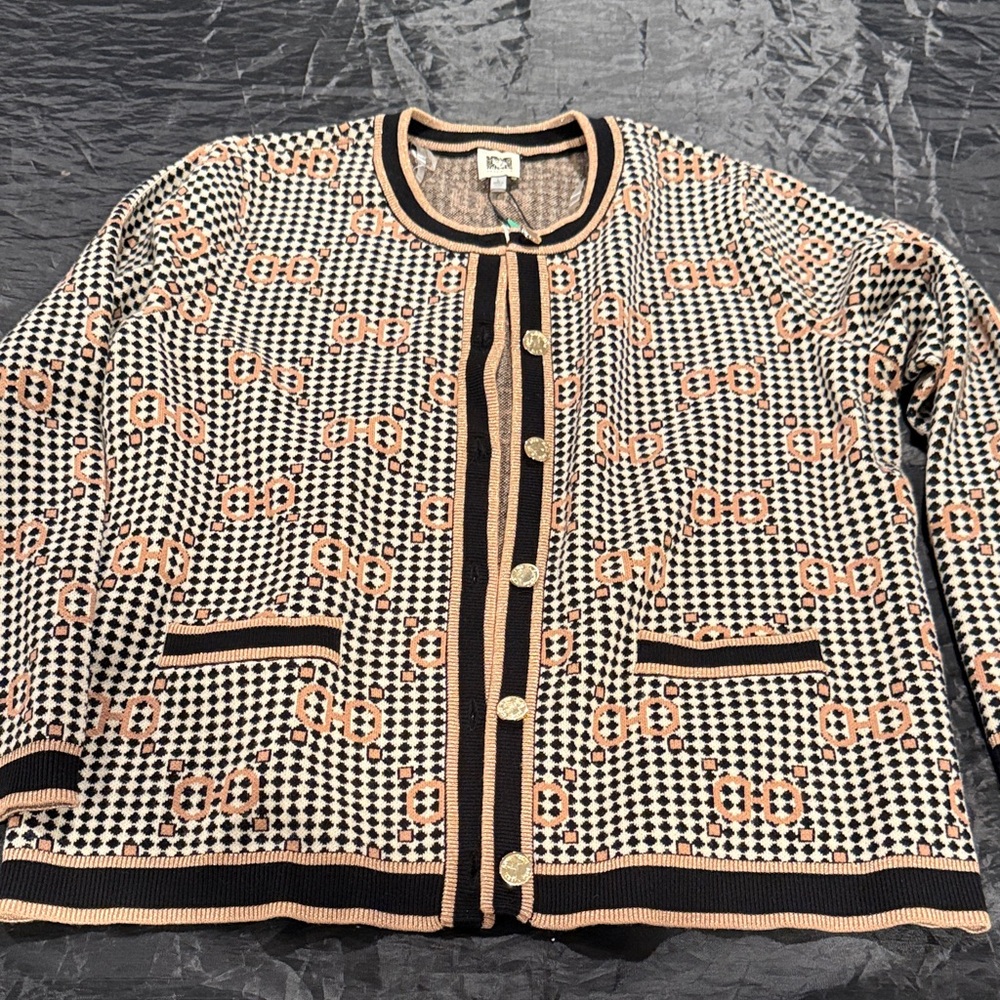 Anne Klein Black and Tan Knit Sweater Cardigan New